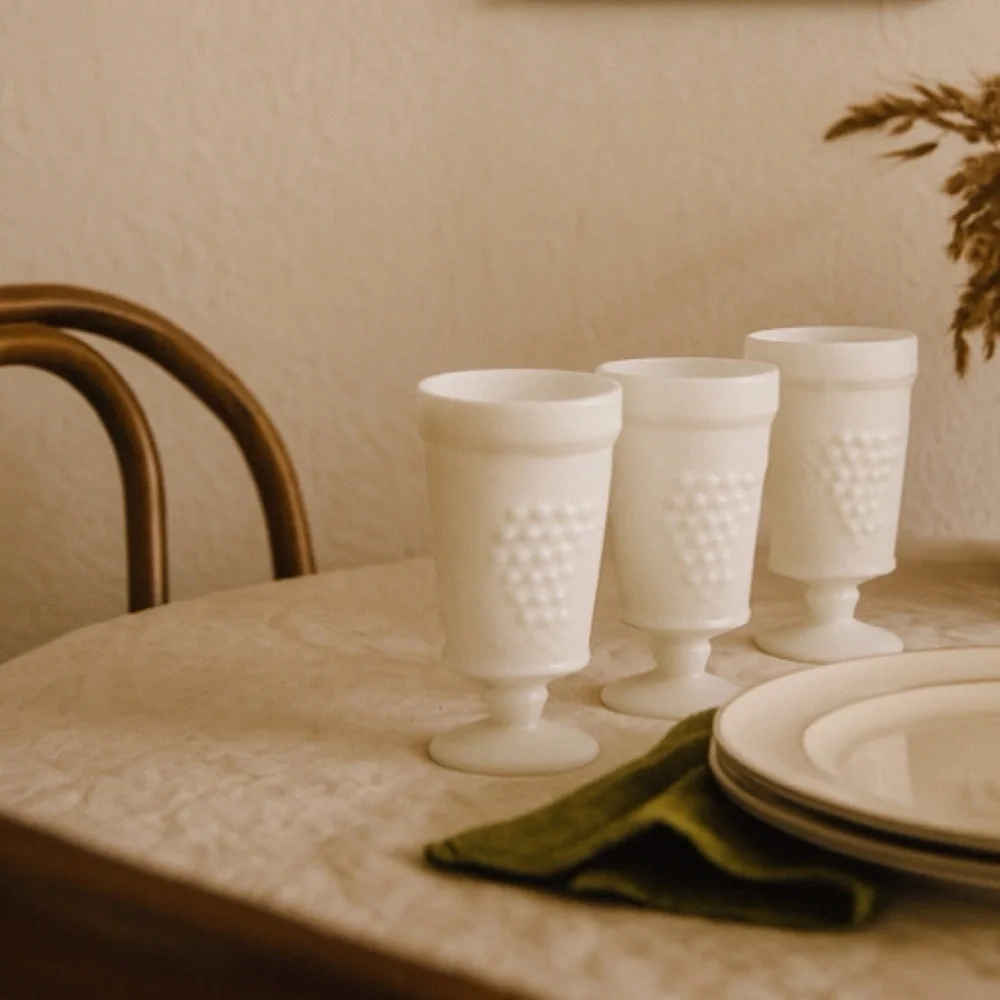 Vintage Set of 3 White Milk Glass Embossed Harvest Grape 6” Goblet Glasses